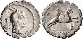 L. Papius, 79 BC. Denarius (Silver, 19 mm, 4.06 g, 6 h), Rome. Head of Juno Sospita to right, wearing goat-skin headdress; behind, tanner knife. Rev. ...