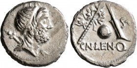 Cn. Cornelius Lentulus, 76-75 BC. Denarius (Silver, 18 mm, 3.63 g, 6 h), uncertain mint in Spain. G•P•R Diademed and draped bust of the Genius Populi ...