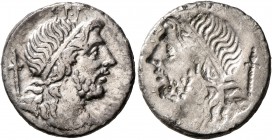 Cn. Cornelius Lentulus, 76-75 BC. Denarius (Silver, 18 mm, 3.70 g, 1 h), brockage mint error, uncertain mint in Spain. G•P•R Diademed and draped bust ...