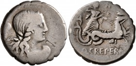 Q. Creperius M.f. Rocus, 69 BC. Denarius (Silver, 17 mm, 3.73 g, 5 h), Rome. Draped bust of Amphitrite to right, seen from behind; behind, squid; befo...