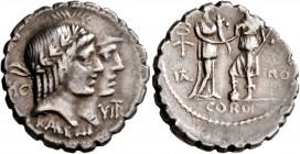 Q. Fufius Calenus and Mucius Cordus, 68 BC. Denarius (Silver, 19 mm, 2.82 g, 7 h), Rome. HO - VIR / KALENI Jugate heads of Honos, laureate, and Virtus...