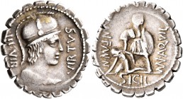 Mn. Aquillius Mn.f. Mn.n, 65 BC. Denarius (Silver, 20 mm, 3.90 g, 6 h), Rome. VIRTVS III•VIR Helmeted and draped bust of Virtus to right. Rev. MN AQVI...