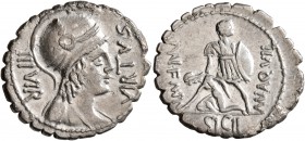 Mn. Aquillius Mn.f. Mn.n, 65 BC. Denarius (Silver, 20 mm, 3.55 g, 7 h), Rome. VIRTVS III VIR Helmeted and draped bust of Virtus to right. Rev. MN AQVI...