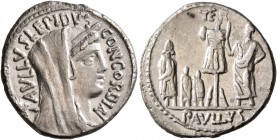 L. Aemilius Lepidus Paullus, 62 BC. Denarius (Silver, 19 mm, 3.61 g, 6 h), Rome. PAVLLVS LEPIDVS CONCORDIA Veiled and diademed head of Concordia to ri...