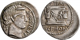 L. Scribonius Libo, 62 BC. Denarius (Silver, 20 mm, 4.03 g, 5 h), Rome. BON EVENT - LIBO Diademed head of Bonus Eventus to right. Rev. [P]VTEAL - SCRI...