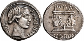 L. Scribonius Libo, 62 BC. Denarius (Silver, 18 mm, 3.85 g, 7 h), Rome. BON EVENT - LIBO Diademed head of Bonus Eventus to right. Rev. PVTEAL - SCRIBO...