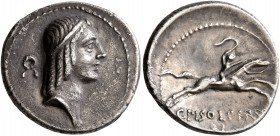 C. Piso L.f. Frugi, 61 BC. Denarius (Silver, 18 mm, 3.62 g, 6 h), Rome. Head of Apollo to right, his hair bound with fillet; behind, crown with dangli...