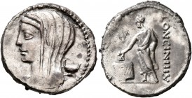 L. Cassius Longinus, 60 BC. Denarius (Silver, 19 mm, 3.60 g, 8 h), Rome. Veiled and diademed head of Vesta to left; to right, two-handled cup. Rev. LO...