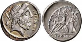 M. Nonius Sufenas, 59 BC. Denarius (Silver, 19 mm, 3.74 g, 5 h), Rome. SVFENAS - S•C Head of Saturn to right; to left, harpa and conical stone. Rev. [...