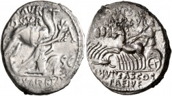 M. Aemilius Scaurus and Pub. Plautius Hypsaeus, 58 BC. Denarius (Silver, 18 mm, 3.76 g, 6 h), Rome. [M•SC]AVR / [AE]D•CVR / [EX] S C / [R]EX•ARETAS Na...