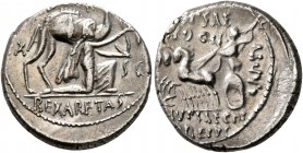 M. Aemilius Scaurus and Pub. Plautius Hypsaeus, 58 BC. Denarius (Silver, 17 mm, 3.91 g, 3 h), Rome. [M•SCAVR / AED•CVR] / EX S C / REX•ARETAS Nabatean...