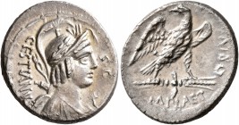 M. Plaetorius M.f. Cestianus, 57 BC. Denarius (Silver, 18 mm, 3.89 g, 6 h), Rome. CESTIANVS - S•C Winged bust of Vacuna to right, wearing crested and ...