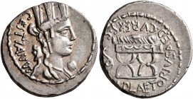 M. Plaetorius M.f. Cestianus, 57 BC. Denarius (Silver, 19 mm, 3.99 g, 4 h), Rome. CESTIANVS Turreted and draped bust of Cybele to right; behind, forep...