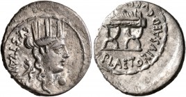 M. Plaetorius M.f. Cestianus, 57 BC. Denarius (Silver, 20 mm, 3.38 g, 7 h), Rome. CESTIANVS Turreted and draped bust of Cybele to right; behind, forep...