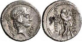 Q. Pomponius Musa, 56 BC. Denarius (Subaeratus, 18 mm, 3.03 g, 2 h), irregular mint. Q•POMPONI MVSA Head of Apollo to right, hair bound with fillet. R...