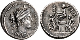 Faustus Cornelius Sulla, 56 BC. Denarius (Silver, 18 mm, 4.05 g, 5 h), Rome. FAVSTVS Draped bust of Diana to right, wearing diadem with crescent; behi...