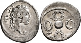 Faustus Cornelius Sulla, 56 BC. Denarius (Silver, 20 mm, 3.78 g, 4 h), Rome. S•C Head of Hercules to right, wearing lion skin headdress; behind, monog...