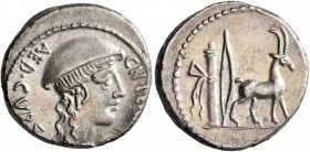 Cn. Plancius, 55 BC. Denarius (Silver, 17 mm, 3.94 g, 1 h), Rome. CN•PLA[NCIVS] AED•CVR•S•[C] Female head to right, wearing causia. Rev. Cretan goat s...