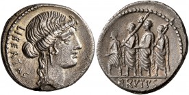 Q. Servilius Caepio Brutus (M. Junius Brutus), 54 BC. Denarius (Silver, 18 mm, 4.01 g, 8 h), Rome. LIBERTAS Head of Libertas to right, wearing triple-...