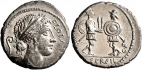 C. Servilius C.f, 53 BC. Denarius (Silver, 17 mm, 3.42 g, 7 h), Rome. FLORAL[•PRIMVS] Wreathed head of Flora to right; in left field, lituus. Rev. C•S...