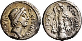 Q. Sicinius, 49 BC. Denarius (Silver, 16 mm, 4.01 g, 3 h), military mint moving with Pompey in the East. Q•SICINIVS - III•VIR Diademed head of Apollo ...