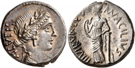 Man. Acilius Glabrio, 49 BC. Denarius (Silver, 17 mm, 4.08 g, 7 h), Rome. SALVTIS Laureate head of Salus to right;. Rev. MN&#183;ACILIVS – III•VIR•VAL...