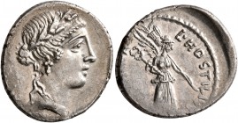 L. Hostilius Saserna, 48 BC. Denarius (Silver, 19 mm, 4.08 g, 10 h), Rome. Female head to right, wearing oak wreath. Rev. L HOSTILIVS [SASERNA] Victor...