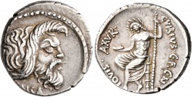C. Vibius C.f. C.n. Pansa Caetronianus, 48 BC. Denarius (Silver, 18 mm, 3.65 g, 8 h), Rome. [PANSA] Mask of bearded Pan to right. Rev. C•VIBIVS•C F•C•...