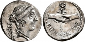 Albinus Bruti f, 48 BC. Denarius (Silver, 18 mm, 3.76 g, 6 h), Rome. PIETAS Head of Pietas to right. Rev. ALBINVS•BRVTI•F Two hands clasped around win...