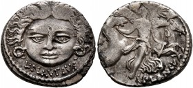 L. Plautius Plancus, 47 BC. Denarius (Silver, 18 mm, 3.82 g, 12 h), Rome. L PLAVTIVS Head of Medusa, facing, with coiled snake on either side. Rev. PL...
