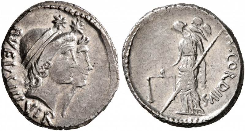Mn. Cordius Rufus, 46 BC. Denarius (Silver, 19 mm, 4.09 g, 8 h), Rome. RVFVS III...