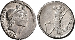 Mn. Cordius Rufus, 46 BC. Denarius (Silver, 19 mm, 4.09 g, 8 h), Rome. RVFVS III VIR Jugate heads of the Dioscuri to right, wearing laureate pilei sur...