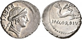 Mn. Cordius Rufus, 46 BC. Denarius (Silver, 19 mm, 3.92 g, 1 h), Rome. RVFVS•S•C Diademed head of Venus to right. Rev. MN•CORDIVS Cupid on dolphin to ...