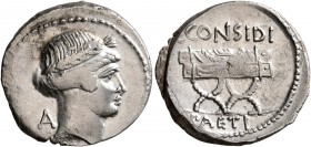 C. Considius Paetus, 46 BC. Denarius (Silver, 18 mm, 3.77 g, 8 h), Rome. Laureate head of Apollo to right; behind, A. Rev. C•CONSIDI / PAETI Curule ch...