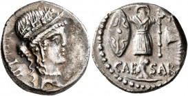 Julius Caesar, 49-44 BC. Denarius (Silver, 18 mm, 4.10 g, 3 h), military mint traveling with Caesar in Illyria (Apollonia?), early to mid 48. Diademed...