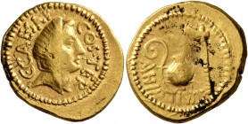 Julius Caesar. Aureus (Gold, 20 mm, 7.93 g, 12 h), with A. Hirtius, praetor, Rome, early 46. C•CAESAR COS•TER Veiled female head (of Vesta or Pietas?)...