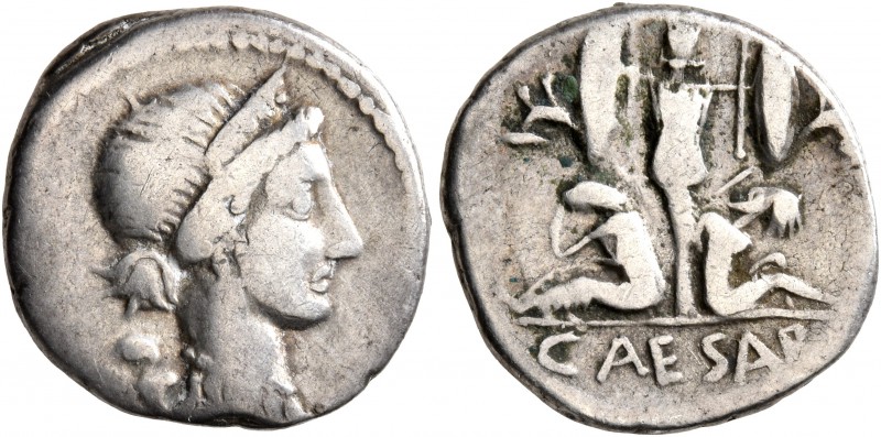 Julius Caesar, 49-44 BC. Denarius (Silver, 17 mm, 3.81 g, 9 h), military mint mo...