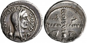 Julius Caesar, 49-44 BC. Denarius (Silver, 19 mm, 3.79 g), C. Cossutius Maridianus, moneyer, Rome, April 44. CAESAR - PARENS PATRIAE Laureate and veil...