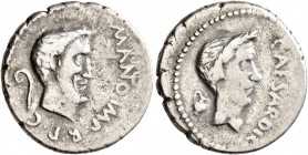 Julius Caesar and Mark Antony. Denarius (Silver, 18 mm, 3.88 g, 4 h), military mint moving with Antony in Cisalpine Gaul, 43 BC. M•ANTO•IMP•R•P•C• Bar...