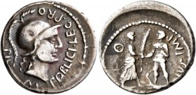 Cnaeus Pompeius Magnus (Pompey the Great). Denarius (Silver, 20 mm, 3.76 g, 7 h), Spain, Cn. Pompeius Magnus and M. Poblicius, 46-45 BC. M•POBLICI•LEG...