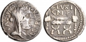 C. Cassius Longinus, 43-42 BC. Denarius (Silver, 17 mm, 3.22 g, 12 h), a curious contemporary imitation, irregular mint. CASSI MI - LEIBERTAS Diademed...