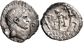 Sextus Pompey, † 35 BC. Denarius (Silver, 18 mm, 3.67 g, 9 h), military mint in Sicily, 37-36. [MAG PI]VS IMP ITER Bare head of Cn. Pompeius Magnus to...