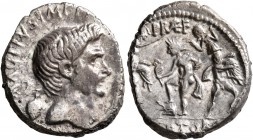 Sextus Pompey, † 35 BC. Denarius (Silver, 18 mm, 3.67 g, 1 h), military mint in Sicily, 37-36. MAG PIVS IMP [ITER] Bare head of Cn. Pompeius Magnus to...