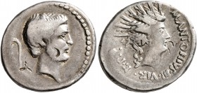 Mark Antony, 44-30 BC. Denarius (Silver, 19 mm, 3.84 g, 9 h), uncertain mint moving with Antony (Italy?), 42 BC. Bare head of Mark Antony with light b...