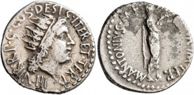 Mark Antony, 44-30 BC. Denarius (Silver, 18 mm, 3.51 g, 5 h), Athens, summer 38. III•VIR•R•P•C•COS•DESIG•ITER•ET•TERT Radiate head of Sol to right. Re...