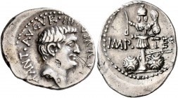 Mark Antony, 44-30 BC. Denarius (Silver, 22 mm, 3.87 g, 9 h), mint moving with Antony in northern Syria, late summer-autumn 38. ANT AVGVR•III•VIR•R•P•...