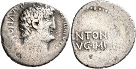 Mark Antony, 44-30 BC. Denarius (Silver, 19 mm, 3.52 g, 2 h), Athens, mint moving with Antony, 32 BC. ANTON AVG I[MP III] COS DES III V R P C Bare hea...