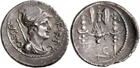 Octavian, 44-27 BC. Denarius (Silver, 19 mm, 3.81 g, 5 h), mint moving with Octavian in Greece, 42 BC. CAESAR [III] VIR•R•P C Helmeted and draped bust...