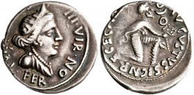 Augustus, 27 BC-AD 14. Denarius (Silver, 18 mm, 3.87 g, 5 h), Rome, P. Petronius Turpilianus, moneyer, 19 BC. TVRP[ILIANVS] III•VIR / FE-RON Diademed ...