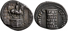 Augustus, 27 BC-AD 14. Denarius (Silver, 20 mm, 3.78 g, 5 h), L. Vinicius, moneyer, Rome, 16 BC. S P Q R / IMP / CAES in three lines on pedestal of eq...